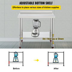 Stainless Steel Prep Table, 30 x 24 x 35 Inch, 440lbs Load Capacity Heavy Duty Metal Worktable with Backsplash Adjustable Undershelf & 4 Casters, Commercial Workstation for Kitchen Restaurant