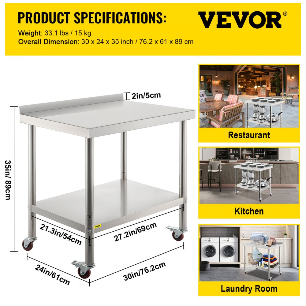 Stainless Steel Prep Table, 30 x 24 x 35 Inch, 440lbs Load Capacity Heavy Duty Metal Worktable with Backsplash Adjustable Undershelf & 4 Casters, Commercial Workstation for Kitchen Restaurant