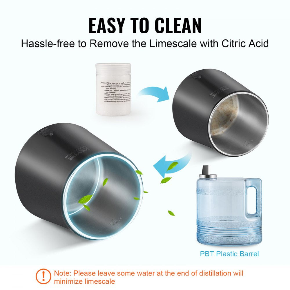 Water Distiller, 4L 1.05 Gallon Pure Water Purifier Filter For Home Countertop, 750W Distilled Water Maker, Stainless Steel Interior Distiller Water Making Machine to Make Clean Water, Black