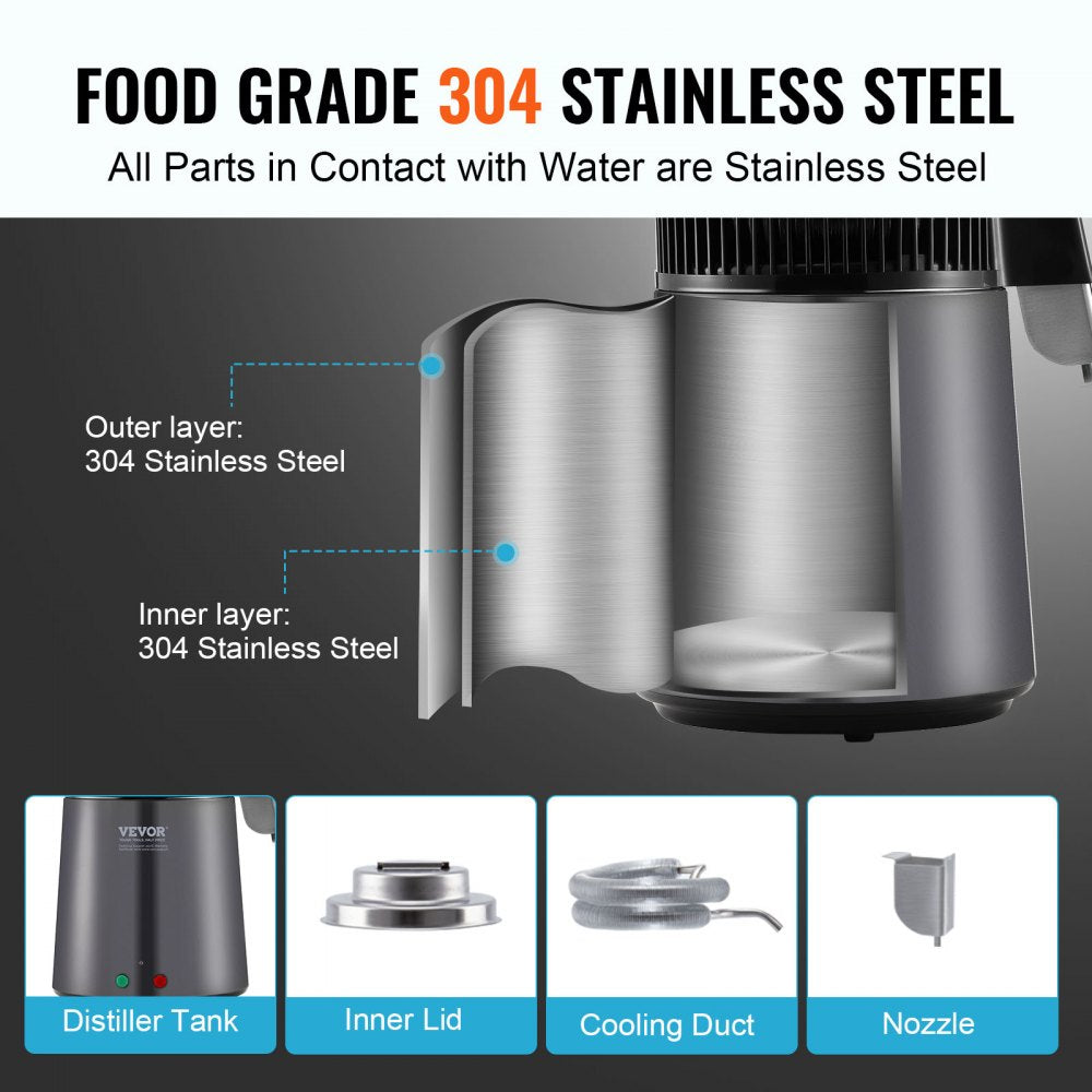 Water Distiller, 4L 1.05 Gallon Pure Water Purifier Filter For Home Countertop, 750W Distilled Water Maker, Stainless Steel Interior Distiller Water Making Machine to Make Clean Water, Gray