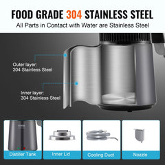 Water Distiller, 4L 1.05 Gallon Pure Water Purifier Filter For Home Countertop, 750W Distilled Water Maker, Stainless Steel Interior Distiller Water Making Machine to Make Clean Water, Gray