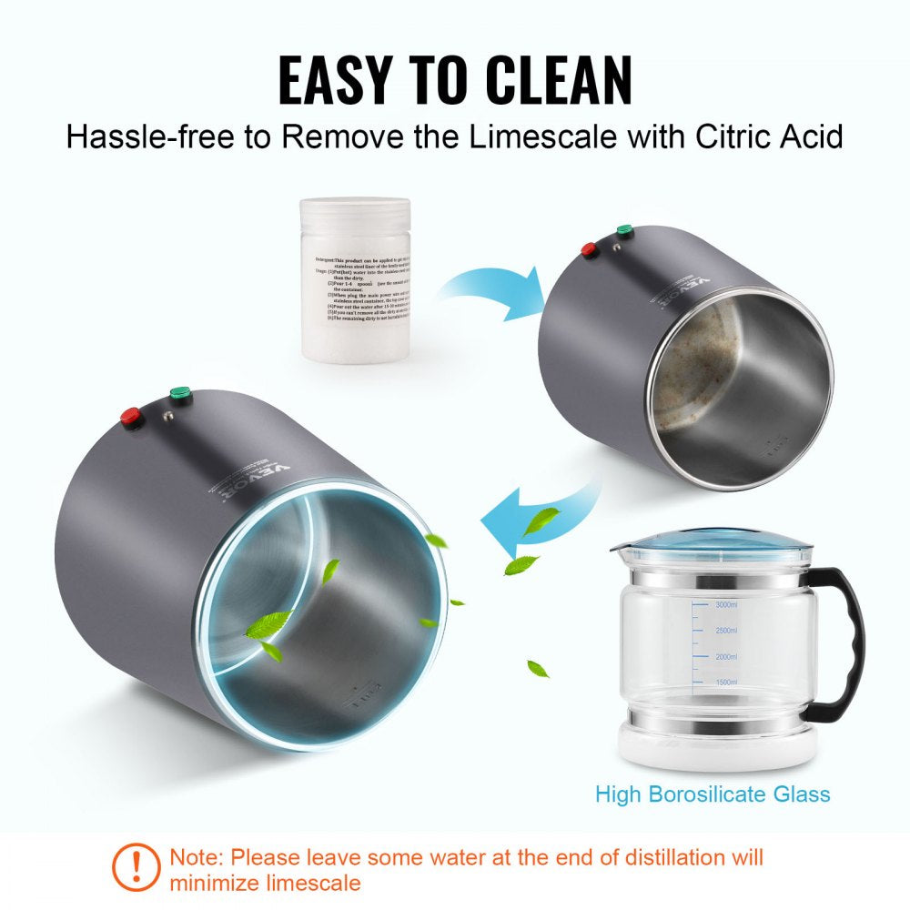 Water Distiller, 4L 1.05 Gallon Pure Water Purifier Filter For Home Countertop, 750W Distilled Water Maker, Stainless Steel Interior Distiller Water Making Machine to Make Clean Water, Gray