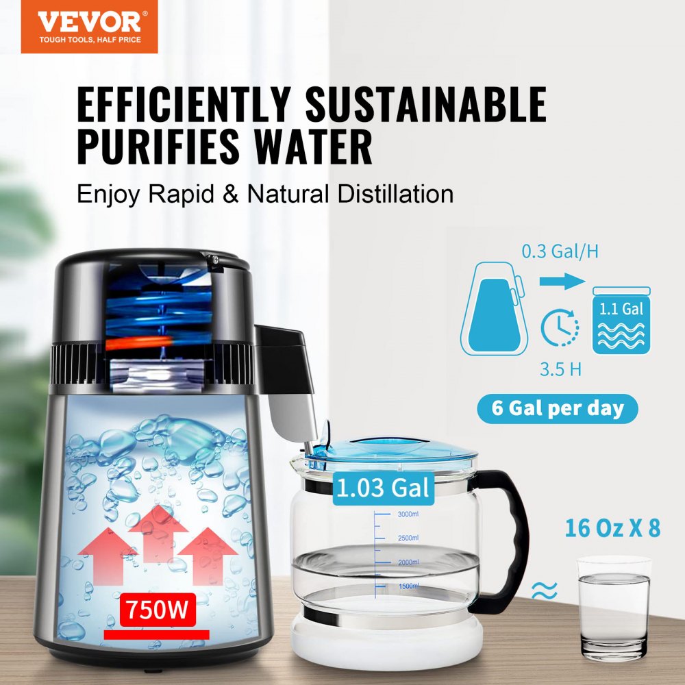 Water Distiller, 4L 1.05 Gallon Pure Water Purifier Filter For Home Countertop, 750W Distilled Water Maker, Stainless Steel Interior Distiller Water Making Machine to Make Clean Water, Silvery