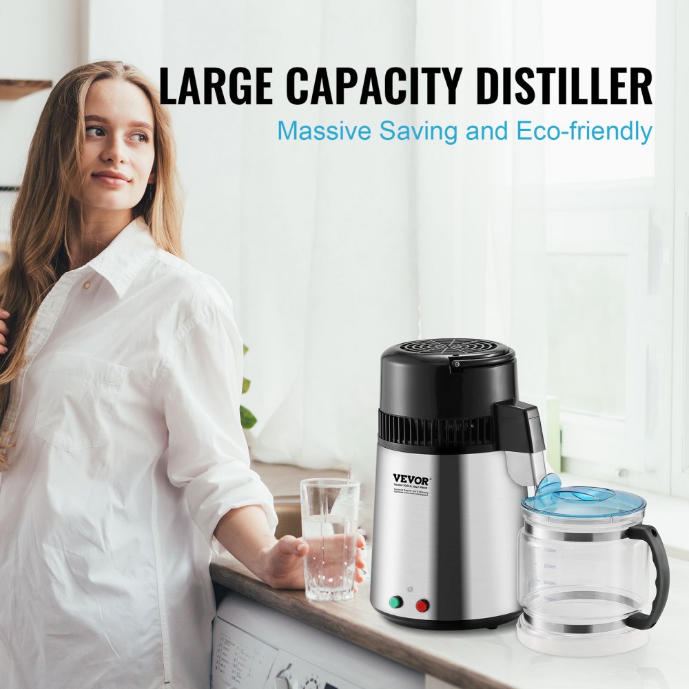 Water Distiller, 4L 1.05 Gallon Pure Water Purifier Filter For Home Countertop, 750W Distilled Water Maker, Stainless Steel Interior Distiller Water Making Machine to Make Clean Water, Silvery