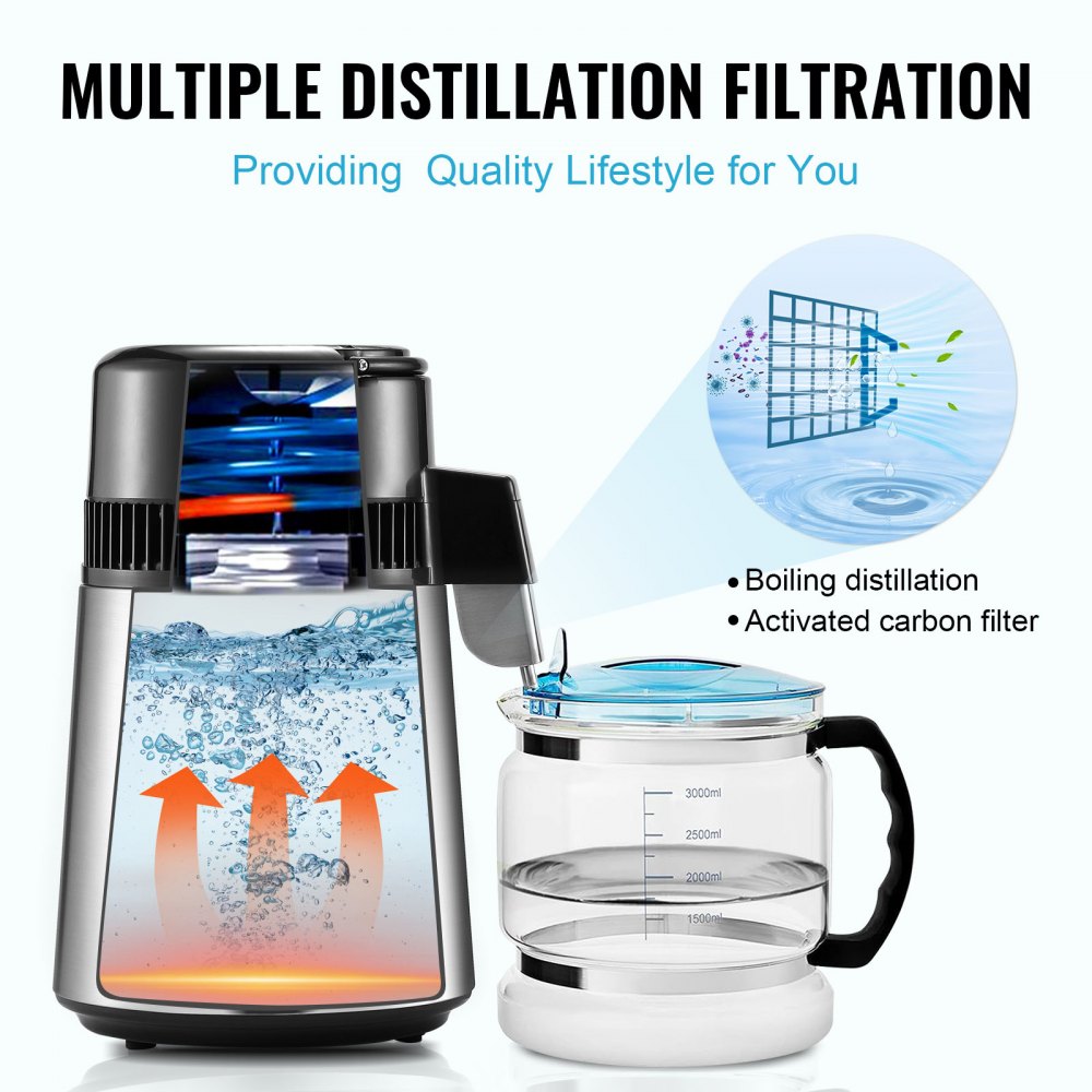 Water Distiller, 4L 1.05 Gallon Pure Water Purifier Filter For Home Countertop, 750W Distilled Water Maker, Stainless Steel Interior Distiller Water Making Machine to Make Clean Water, Silvery