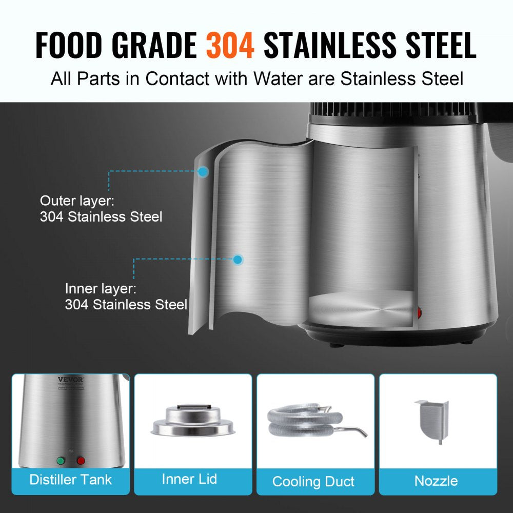 Water Distiller, 4L 1.05 Gallon Pure Water Purifier Filter For Home Countertop, 750W Distilled Water Maker, Stainless Steel Interior Distiller Water Making Machine to Make Clean Water, Silvery