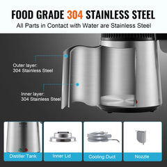 Water Distiller, 4L 1.05 Gallon Pure Water Purifier Filter For Home Countertop, 750W Distilled Water Maker, Stainless Steel Interior Distiller Water Making Machine to Make Clean Water, Silvery
