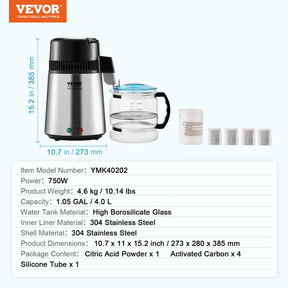 Water Distiller, 4L 1.05 Gallon Pure Water Purifier Filter For Home Countertop, 750W Distilled Water Maker, Stainless Steel Interior Distiller Water Making Machine to Make Clean Water, Silvery