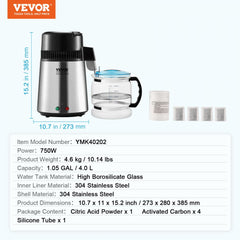 Water Distiller, 4L 1.05 Gallon Pure Water Purifier Filter For Home Countertop, 750W Distilled Water Maker, Stainless Steel Interior Distiller Water Making Machine to Make Clean Water, Silvery