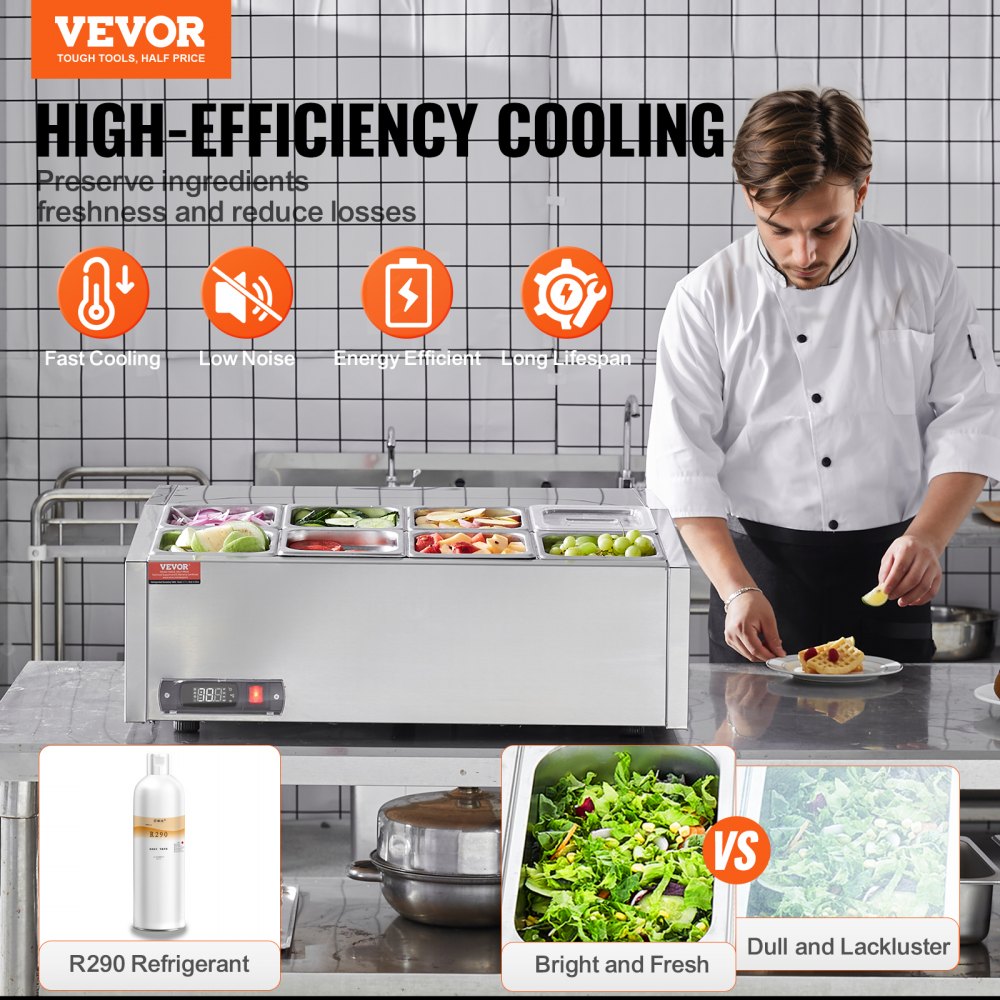 Refrigerated Condiment Prep Station, 140 W Countertop Refrigerated Condiment Station, with 8 1/6 Pans, 304 Stainless Body and PC Lid, Sandwich Prep Table with Stainless Steel Guard, ETL