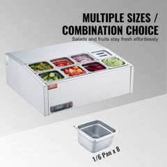 Refrigerated Condiment Prep Station, 140 W Countertop Refrigerated Condiment Station, with 8 1/6 Pans, 304 Stainless Body and PC Lid, Sandwich Prep Table with Stainless Steel Guard, ETL