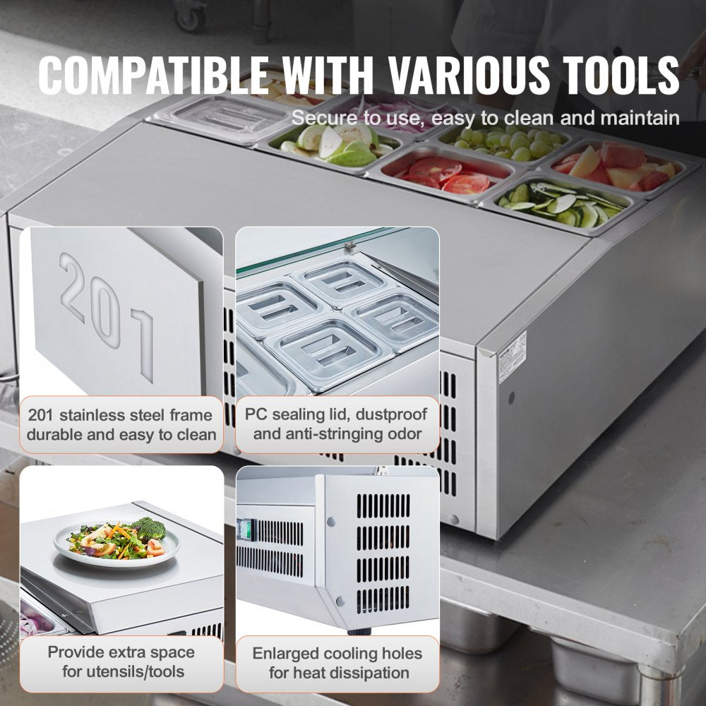 Refrigerated Condiment Prep Station, 140 W Countertop Refrigerated Condiment Station, with 8 1/6 Pans, 304 Stainless Body and PC Lid, Sandwich Prep Table with Stainless Steel Guard, ETL