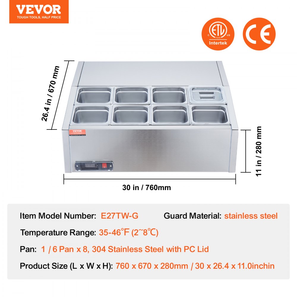 Refrigerated Condiment Prep Station, 140 W Countertop Refrigerated Condiment Station, with 8 1/6 Pans, 304 Stainless Body and PC Lid, Sandwich Prep Table with Stainless Steel Guard, ETL