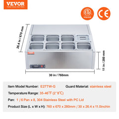 Refrigerated Condiment Prep Station, 140 W Countertop Refrigerated Condiment Station, with 8 1/6 Pans, 304 Stainless Body and PC Lid, Sandwich Prep Table with Stainless Steel Guard, ETL