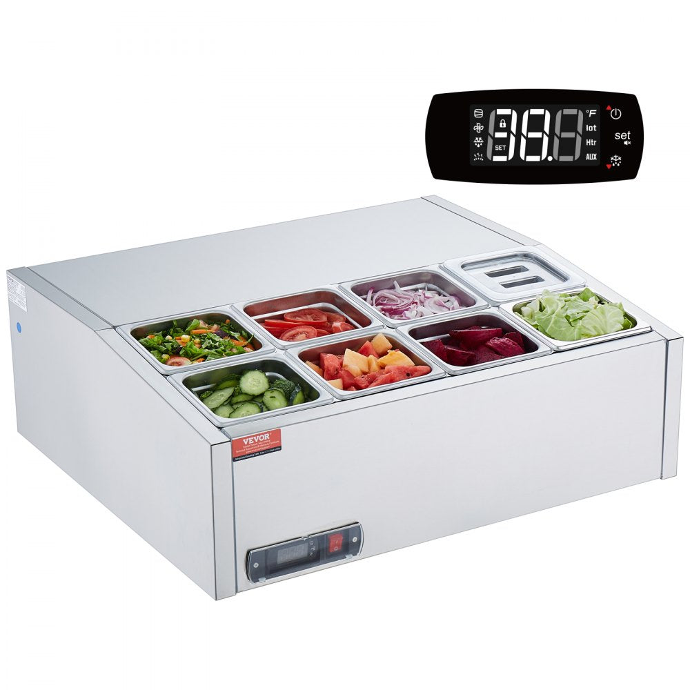 Refrigerated Condiment Prep Station, 140 W Countertop Refrigerated Condiment Station, with 8 1/6 Pans, 304 Stainless Body and PC Lid, Sandwich Prep Table with Stainless Steel Guard, ETL