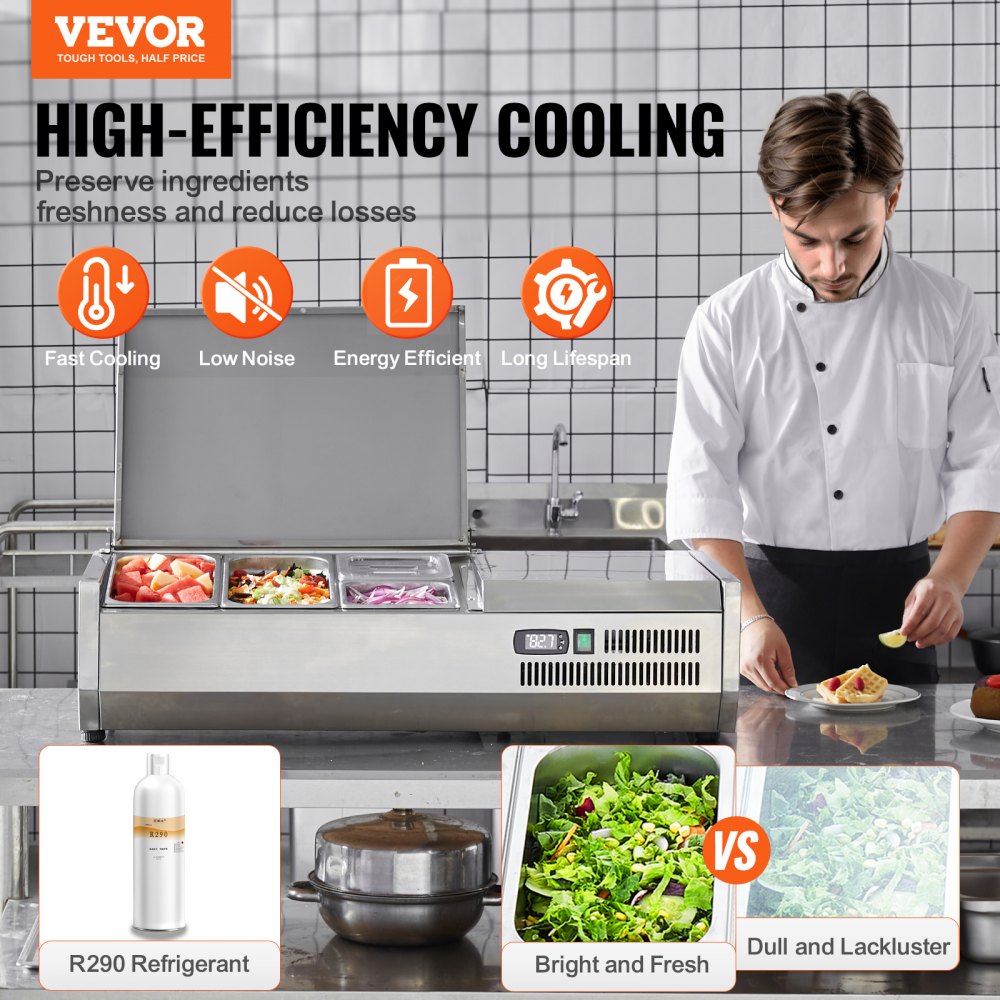 Refrigerated Condiment Prep Station, 130 W Countertop Refrigerated Condiment Station, with 1 1/3 Pan & 4 1/6 Pans, 304 Stainless Body and PC Lid, Sandwich Prep Table with Stainless Guard, ETL