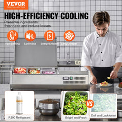 Refrigerated Condiment Prep Station, 130 W Countertop Refrigerated Condiment Station, with 1 1/3 Pan & 4 1/6 Pans, 304 Stainless Body and PC Lid, Sandwich Prep Table with Stainless Guard, ETL