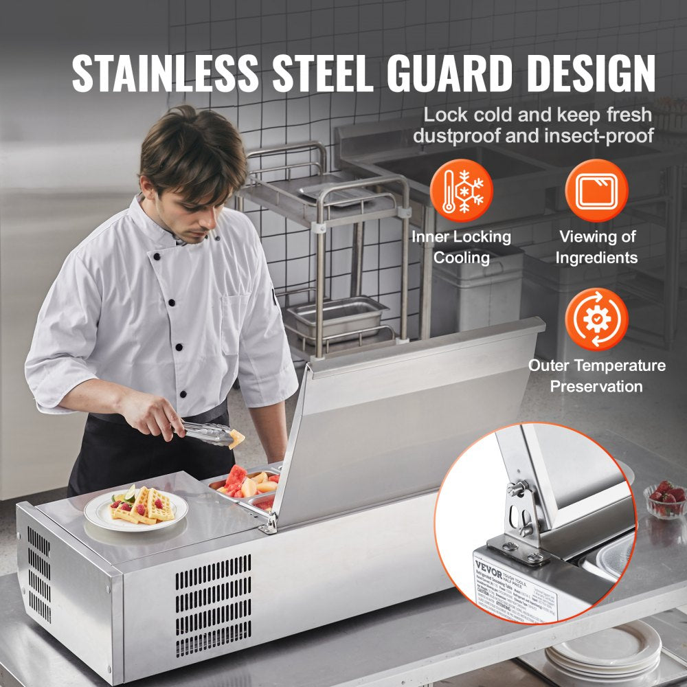 Refrigerated Condiment Prep Station, 130 W Countertop Refrigerated Condiment Station, with 1 1/3 Pan & 4 1/6 Pans, 304 Stainless Body and PC Lid, Sandwich Prep Table with Stainless Guard, ETL