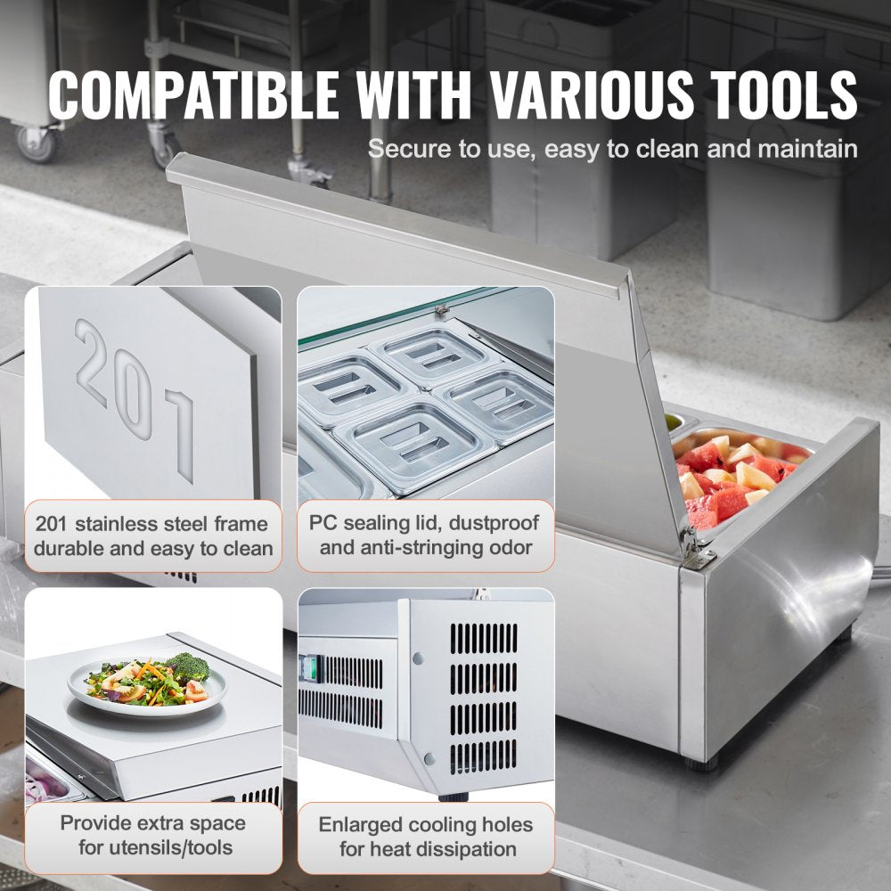 Refrigerated Condiment Prep Station, 130 W Countertop Refrigerated Condiment Station, with 1 1/3 Pan & 4 1/6 Pans, 304 Stainless Body and PC Lid, Sandwich Prep Table with Stainless Guard, ETL