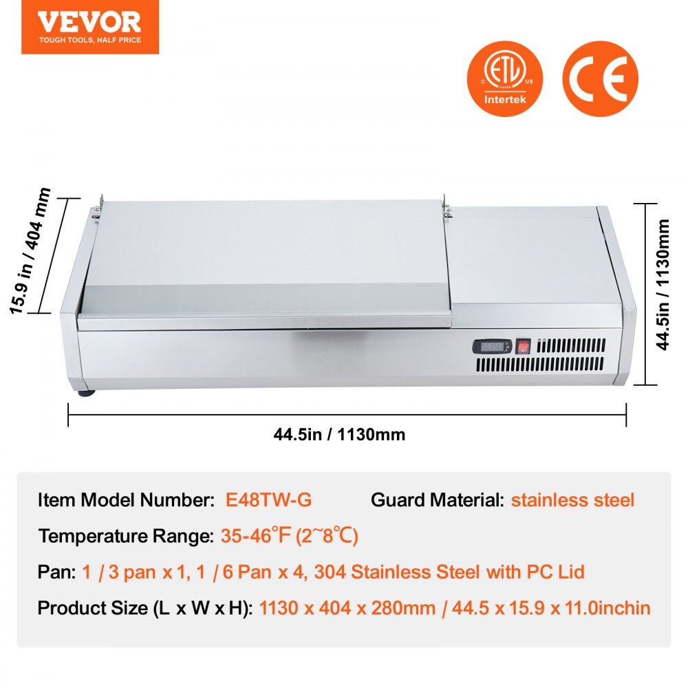 Refrigerated Condiment Prep Station, 135 W Countertop Refrigerated Condiment Station, with 2 1/3 Pans & 4 1/6 Pans, 304 Stainless Body and PC Lid, Sandwich Prep Table with Stainless Guard, ETL