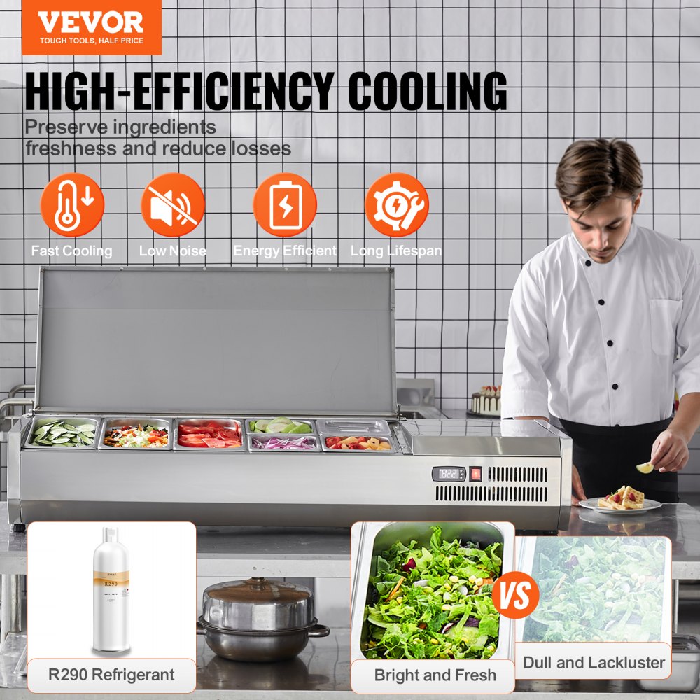 Refrigerated Condiment Prep Station, 140 W Countertop Refrigerated Condiment Station, with 3 1/3 Pans & 4 1/6 Pans, 304 Stainless Body and PC Lid, Sandwich Prep Table with Stainless Guard, ETL