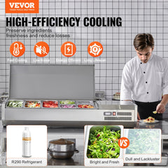 Refrigerated Condiment Prep Station, 140 W Countertop Refrigerated Condiment Station, with 3 1/3 Pans & 4 1/6 Pans, 304 Stainless Body and PC Lid, Sandwich Prep Table with Stainless Guard, ETL