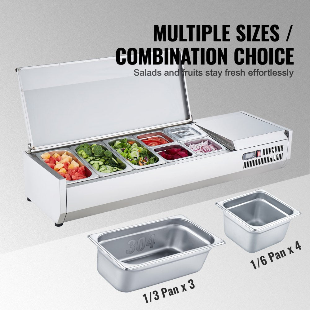 Refrigerated Condiment Prep Station, 140 W Countertop Refrigerated Condiment Station, with 3 1/3 Pans & 4 1/6 Pans, 304 Stainless Body and PC Lid, Sandwich Prep Table with Stainless Guard, ETL