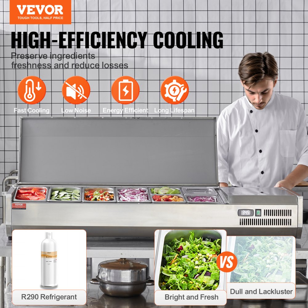 Refrigerated Condiment Prep Station, 150 W Countertop Refrigerated Condiment Station, with 4 1/3 Pans & 4 1/6 Pans, 304 Stainless Body and PC Lid, Sandwich Prep Table with Stainless Guard, ETL