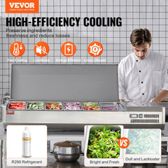 Refrigerated Condiment Prep Station, 150 W Countertop Refrigerated Condiment Station, with 4 1/3 Pans & 4 1/6 Pans, 304 Stainless Body and PC Lid, Sandwich Prep Table with Stainless Guard, ETL