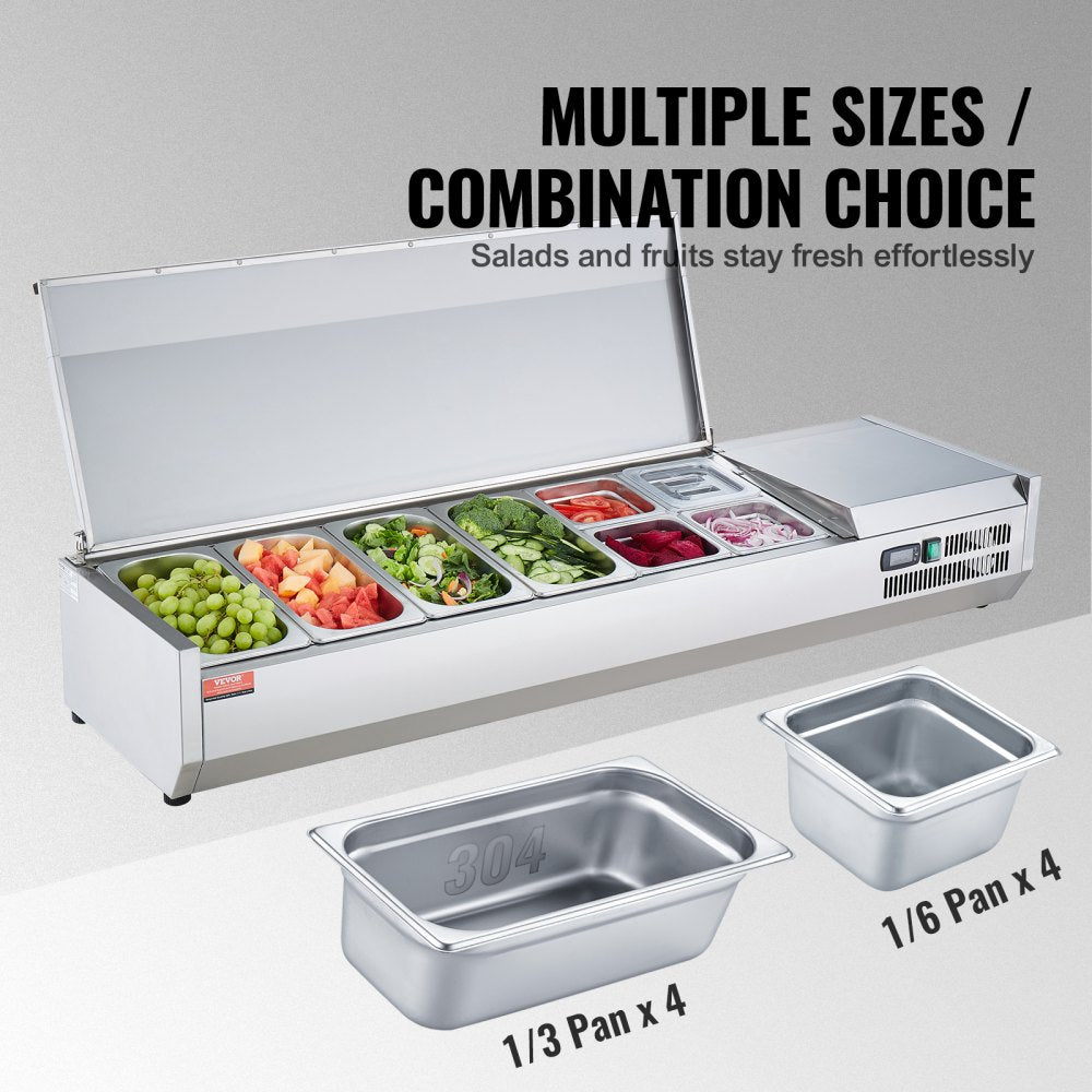 Refrigerated Condiment Prep Station, 150 W Countertop Refrigerated Condiment Station, with 4 1/3 Pans & 4 1/6 Pans, 304 Stainless Body and PC Lid, Sandwich Prep Table with Stainless Guard, ETL
