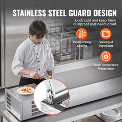 Refrigerated Condiment Prep Station, 160 W Countertop Refrigerated Condiment Station, with 5 1/3 Pans & 4 1/6 Pans, 304 Stainless Body and PC Lid, Sandwich Prep Table with Stainless Guard, ETL