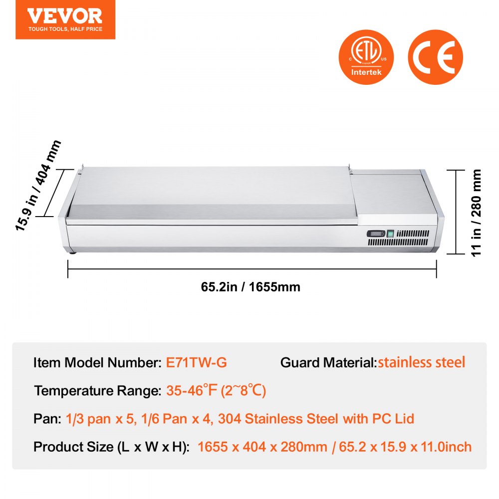 Refrigerated Condiment Prep Station, 160 W Countertop Refrigerated Condiment Station, with 5 1/3 Pans & 4 1/6 Pans, 304 Stainless Body and PC Lid, Sandwich Prep Table with Stainless Guard, ETL