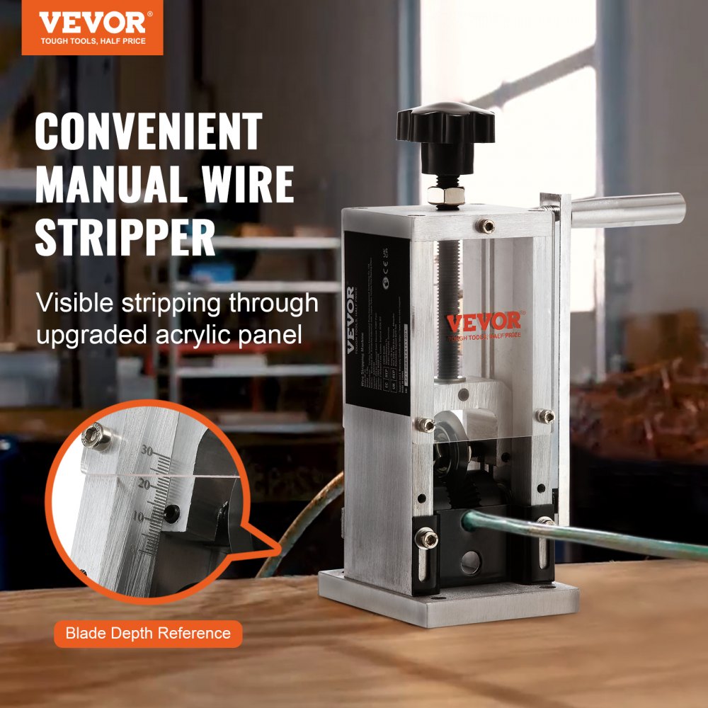 Manual Wire Stripping Machine, 0.06``-0.98`` Copper Stripper with Hand Crank or Drill Powered, Visible Stripping Depth Reference, Portable Aluminum Frame Wire Peeler for Scrap Copper Recycling