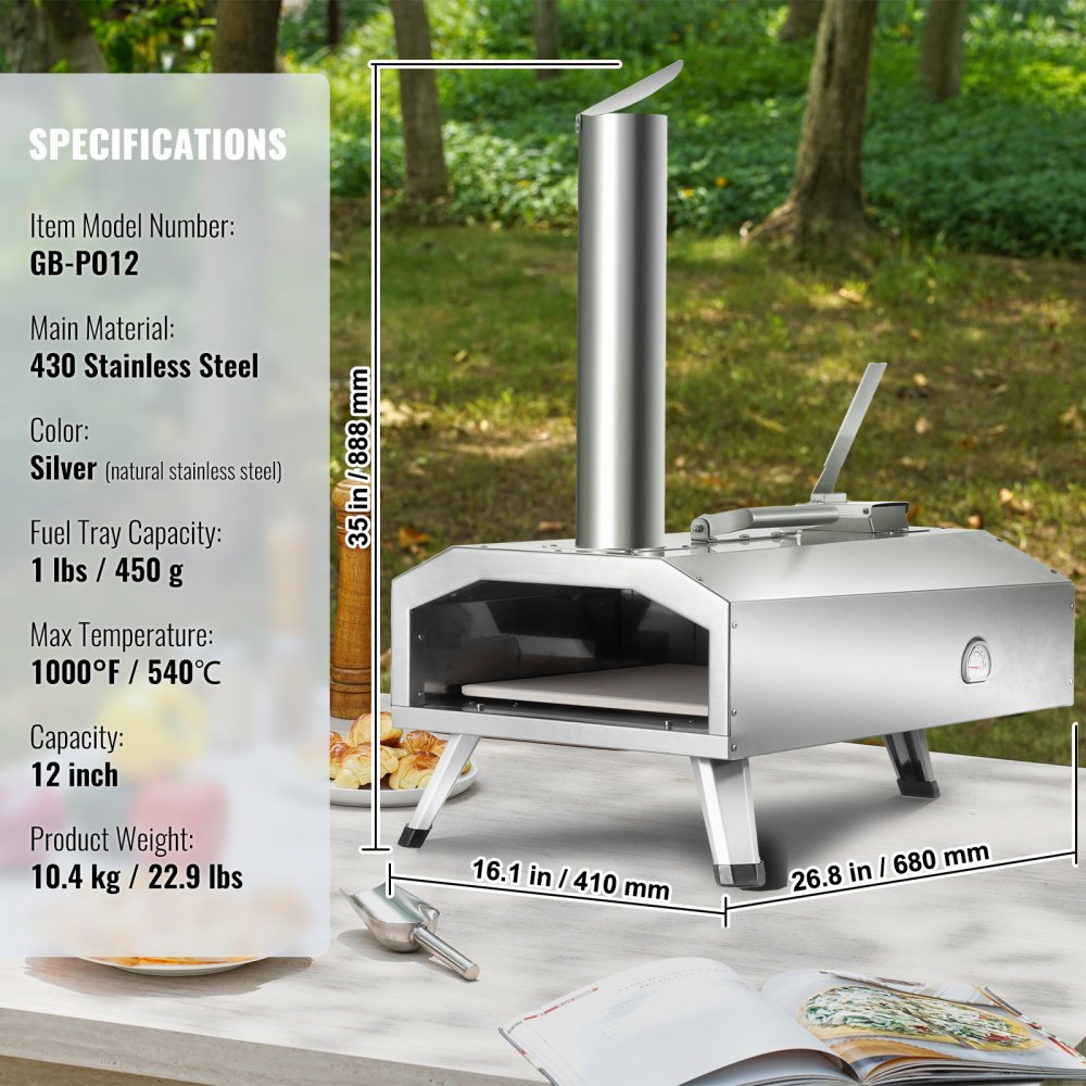 12" Outdoor Pizza Oven Portable Wood Pellet Pizza Oven Stainless Steel BBQ