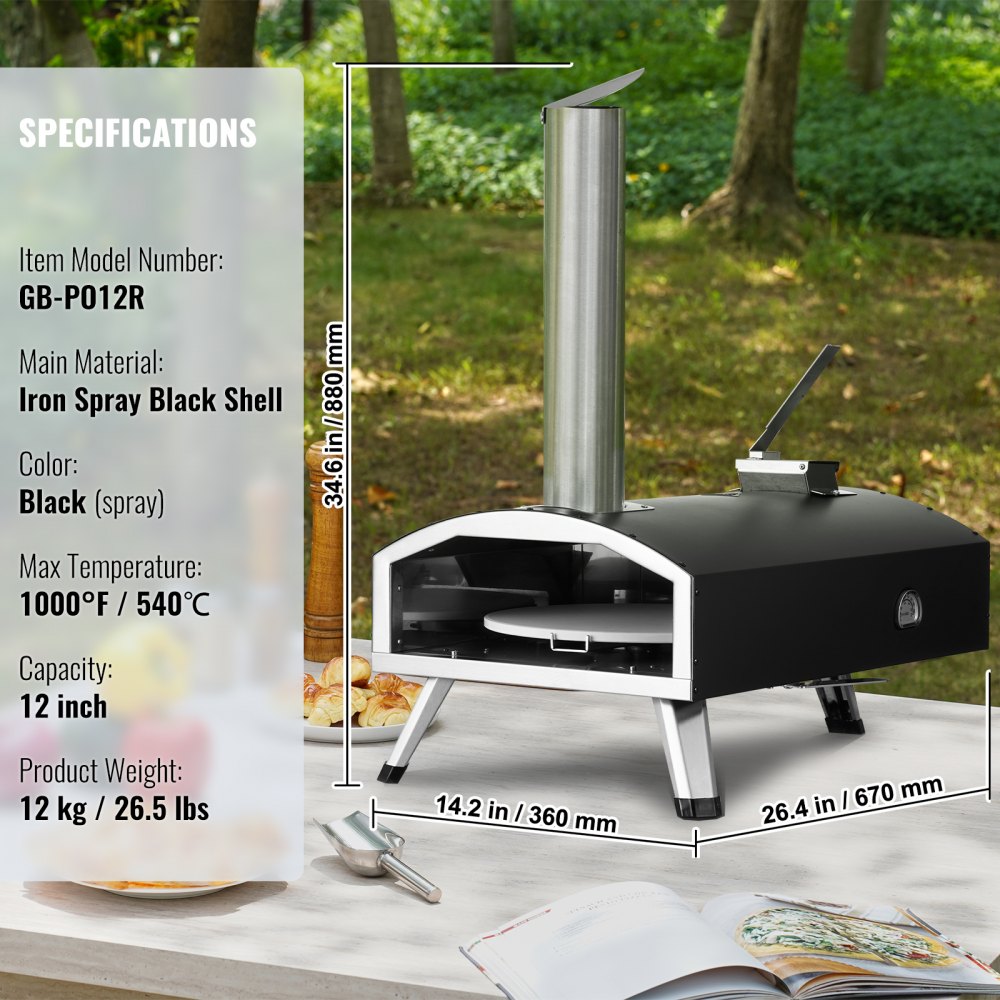 12" Outdoor Pizza Oven Portable Wood Pellet Pizza Oven Camping w/ Rotation