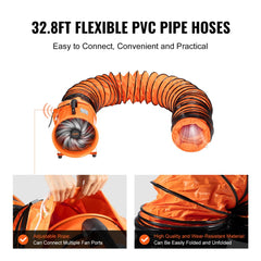 10-inch industrial exhaust blower fan with a 33ft duct hose for effective air extraction.