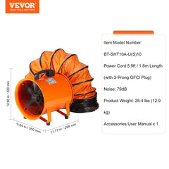 10-inch industrial exhaust blower fan with a 33ft duct hose for effective air ventilation.