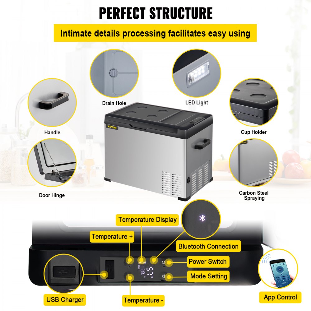 12 Volt Refrigerator, Portable Refrigerator (-4℉~68℉) With APP Control Car Compressor Fridge Cooler 12V/24V DC and 110-220V AC For Camping, Road Trip, Boat, Skincare, Outdoor and Home (42 Quart)