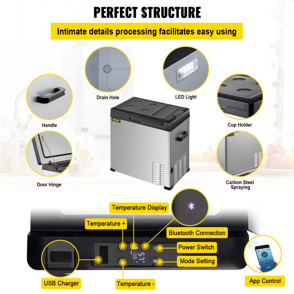 12 Volt Refrigerator, Portable Refrigerator (-4℉~68℉) With APP Control Car Compressor Fridge Cooler 12V/24V DC and 110-220V AC For Camping, Road Trip, Boat, Skincare, Outdoor and Home (53 Quart)