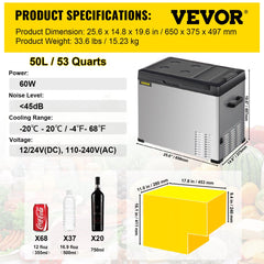 12 Volt Refrigerator, Portable Refrigerator (-4℉~68℉) With APP Control Car Compressor Fridge Cooler 12V/24V DC and 110-220V AC For Camping, Road Trip, Boat, Skincare, Outdoor and Home (53 Quart)