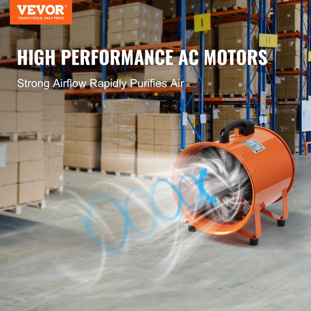 Bostome 12" industrial ventilator fan with a 33ft duct hose and sturdy steel construction.