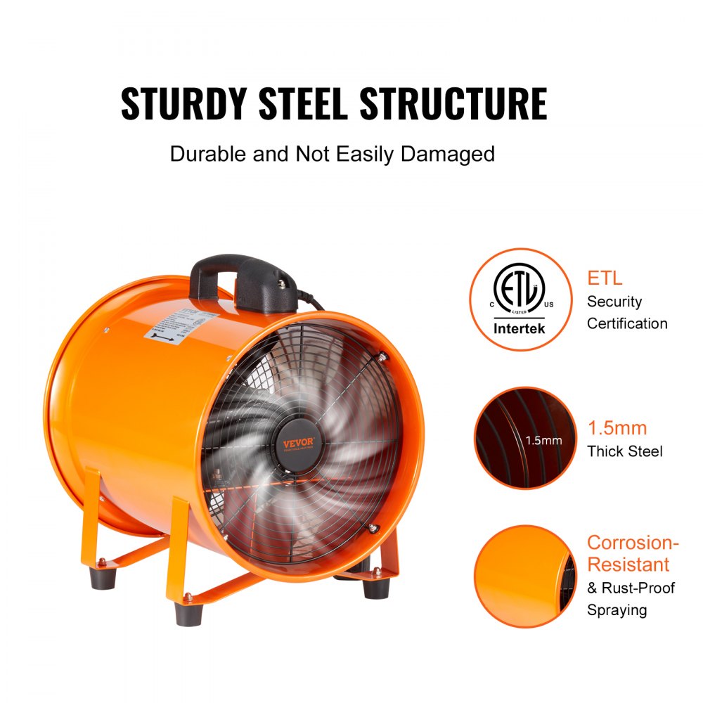 12-inch industrial ventilator fan with a 33ft duct hose and sturdy steel construction.