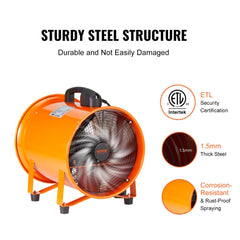 12-inch industrial ventilator fan with a 33ft duct hose and sturdy steel construction.