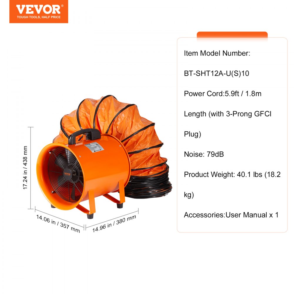 12-inch industrial ventilator fan with a 33ft duct hose and sturdy steel construction.