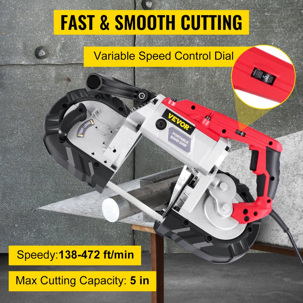 Bostome 5-inch deep cut portable band saw with variable speed dial and LED sight for precise cuts.