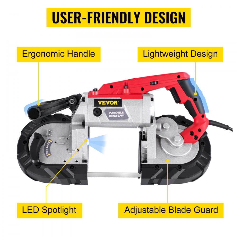 Bostome 5" deep cut portable band saw with variable speed motor and ergonomic grip design.