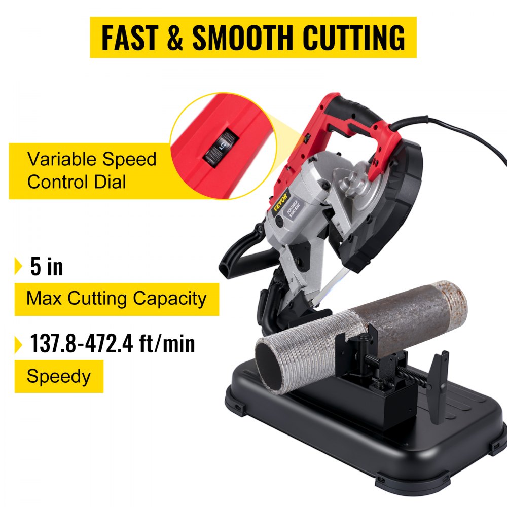 Bostome 5-inch portable band saw with LED indicator and adjustable base for metal and wood cuts.