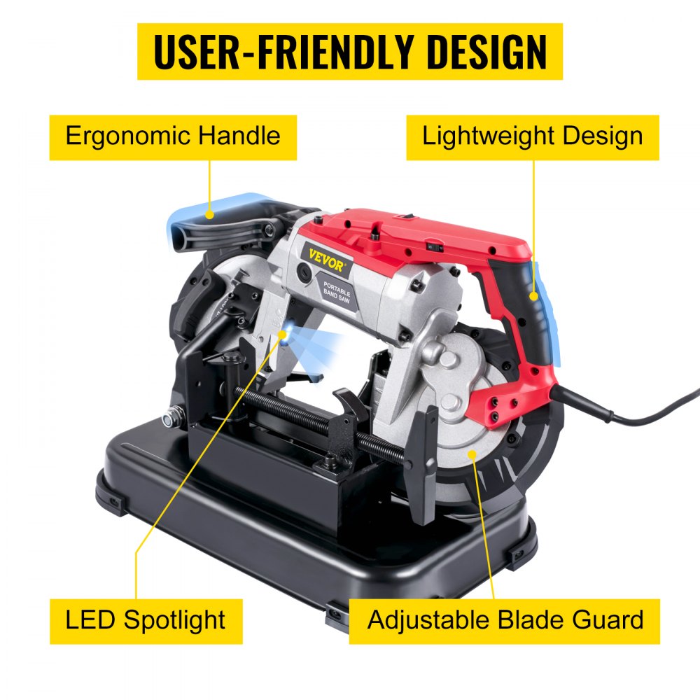 Bostome 5-inch portable band saw with LED indicator and adjustable base for precise cuts.