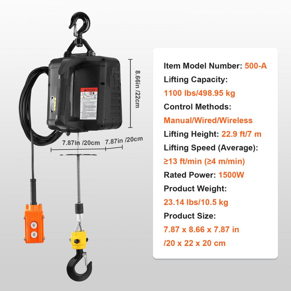 3-in-1 Electric Hoist Winch, 1100lbs 1500W Portable Power Winch Crane, 110V/120V 22.9 ft Lifting Height, 13 ft/min with Manual, Wired and Wireless Remote Control, Overload Protection