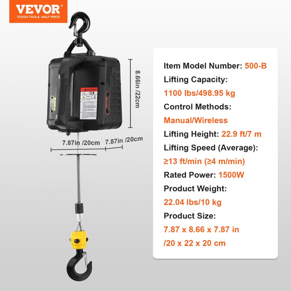 1100 lbs Electric Hoist Winch, 2-in-1 1500W Portable Power Winch Crane, 23 ft Lifting Height, Attic lift with Wireless Remote Control, for Garage, Warehouse, Factory Lifting Towing
